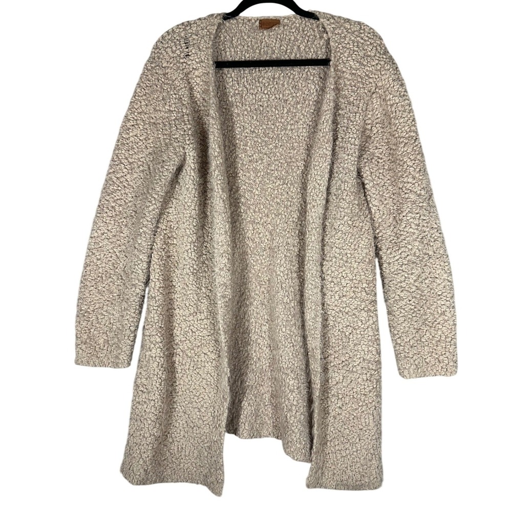 POL Popcorn Eyelash Long Open Front Cardigan Sweater Sz M Tan Neutral UB37A